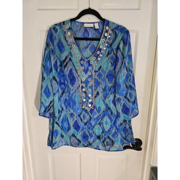 Chico's Women's Blue Ikat Print Embellished V Neck Tunic Blouse 3/4 Sleeve Sz 2 - Picture 4 of 14